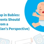 Illustration of a crying baby with red patches on the face, wearing a diaper, placed inside a blue circle