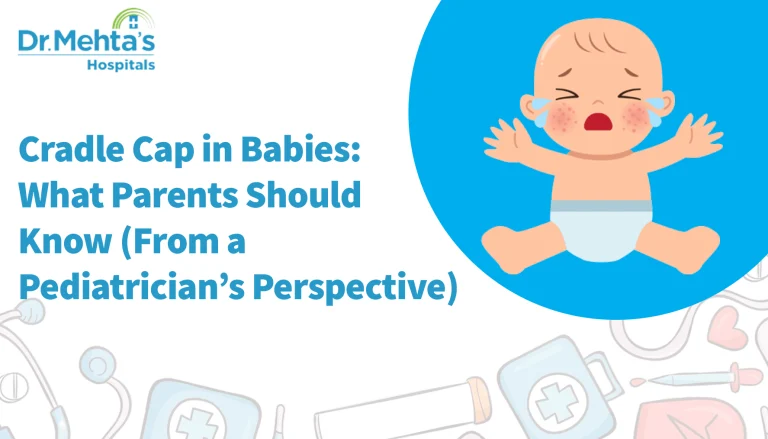 Illustration of a crying baby with red patches on the face, wearing a diaper, placed inside a blue circle
