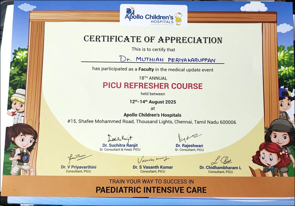 Dr. Muthaiah Periyakaruppan Served as Faculty at PICU