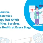 Doctor consulting a patient in a clinic with uterus diagram in the background – comprehensive guide to obstetrics and gynecology services for women’s health.