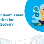 Vector illustration of a person practicing yoga for cardiac recovery with heart health hydration and fitness icons along with the title Yoga After Heart Issues Safe Practices for Cardiac Recovery and Dr Mehtas Hospitals logo