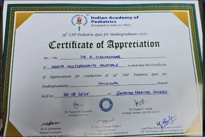 Dr. K. Vidhyasagar Awarded Certificate of Appreciation by Indian Academy of Paediatrics