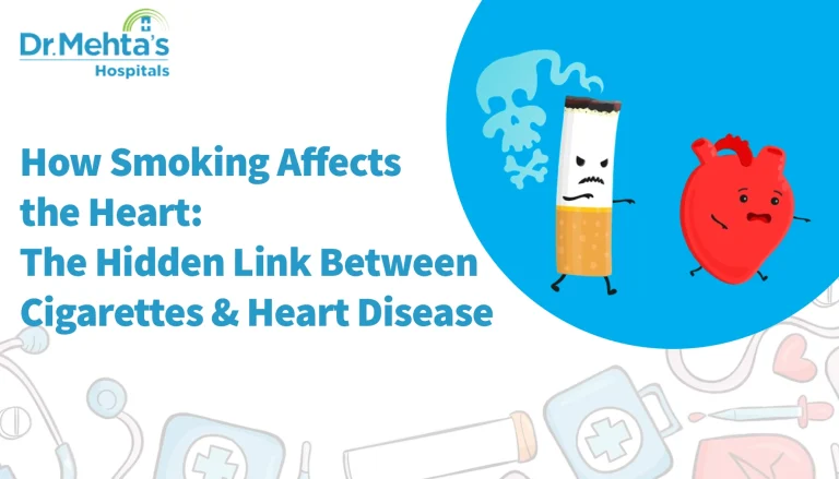 Health awareness graphic showing an angry cigarette chasing a scared heart with text explaining the hidden link between smoking and heart disease.