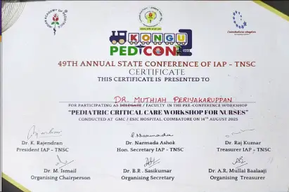 Dr. Muthaiah Periyakaruppan Participated as Faculty at 49th Annual State Conference of IAP – TNSC (PEDICON)