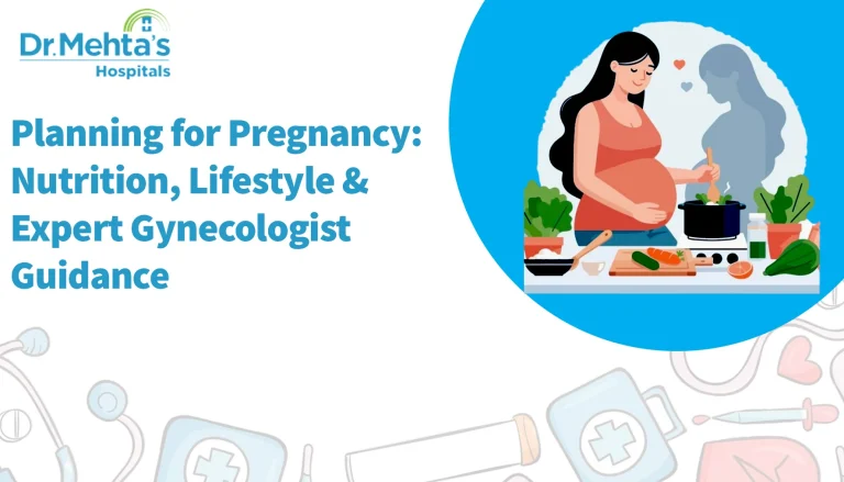 Pregnant woman cooking healthy food surrounded by vegetables, symbolizing nutrition, lifestyle, and gynecologist guidance for pregnancy planning – Dr. Mehta’s Hospitals.