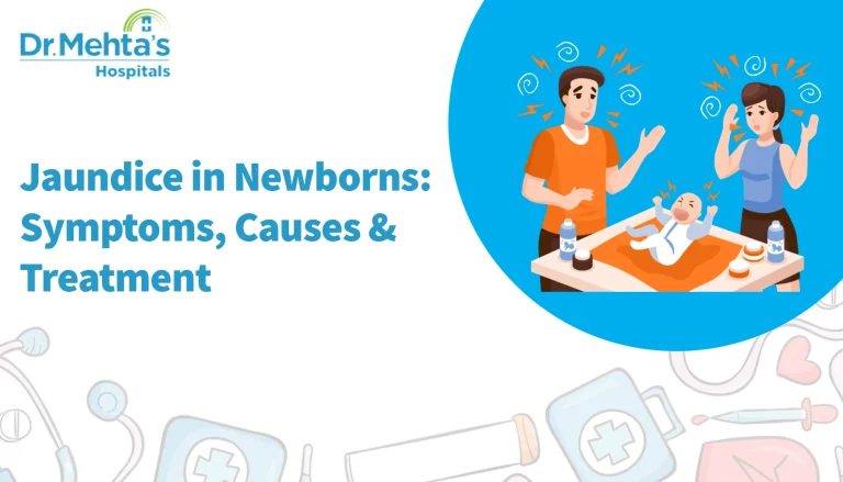 Parents concerned about newborn jaundice with baby crying on changing table – symptoms, causes, and treatment explained by Dr. Mehta’s Hospitals.