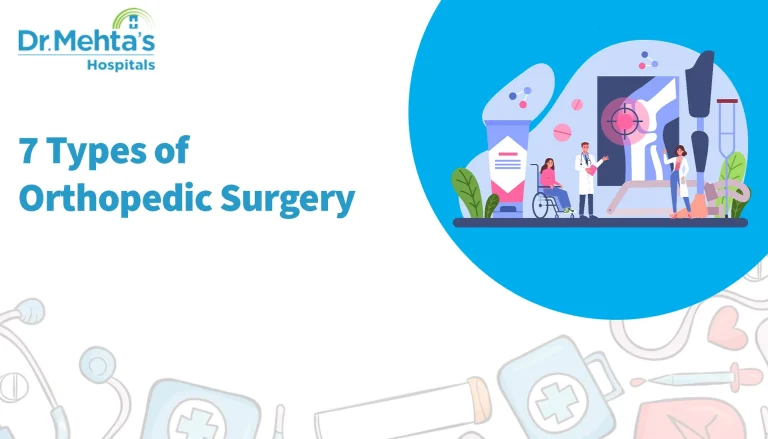 Graphic featuring doctors and a patient in a wheelchair beside a large illustration of a knee joint, with the title ‘7 Types of Orthopedic Surgery’ and Dr. Mehta’s Hospitals branding.