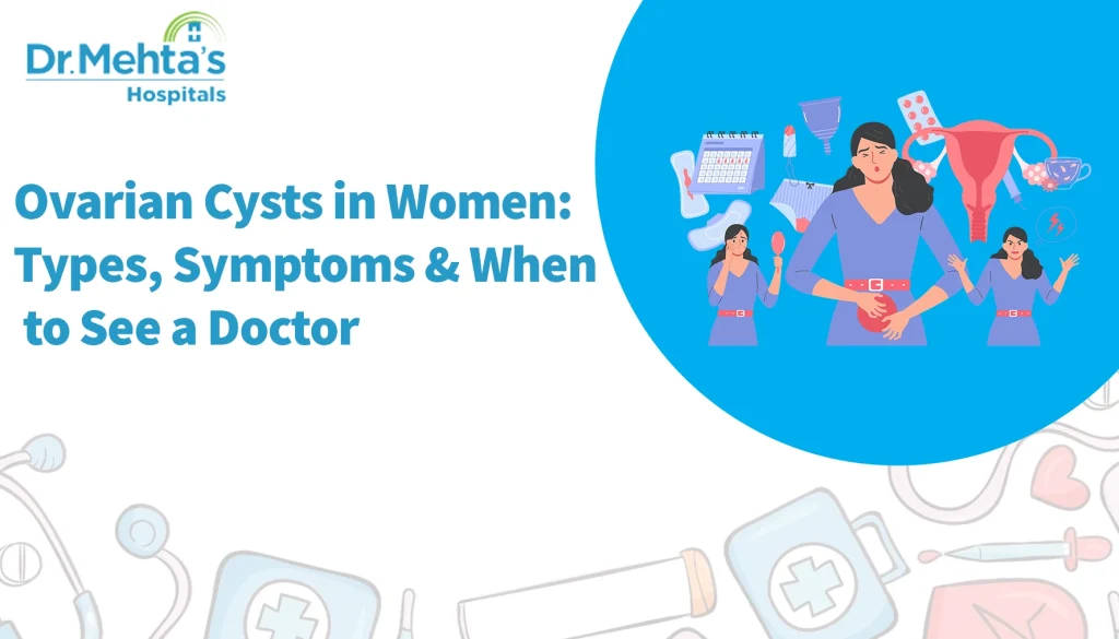 Graphic of a woman experiencing abdominal pain with menstrual and reproductive icons, representing ovarian cysts in women and highlighting symptoms, diagnosis, and treatment awareness.