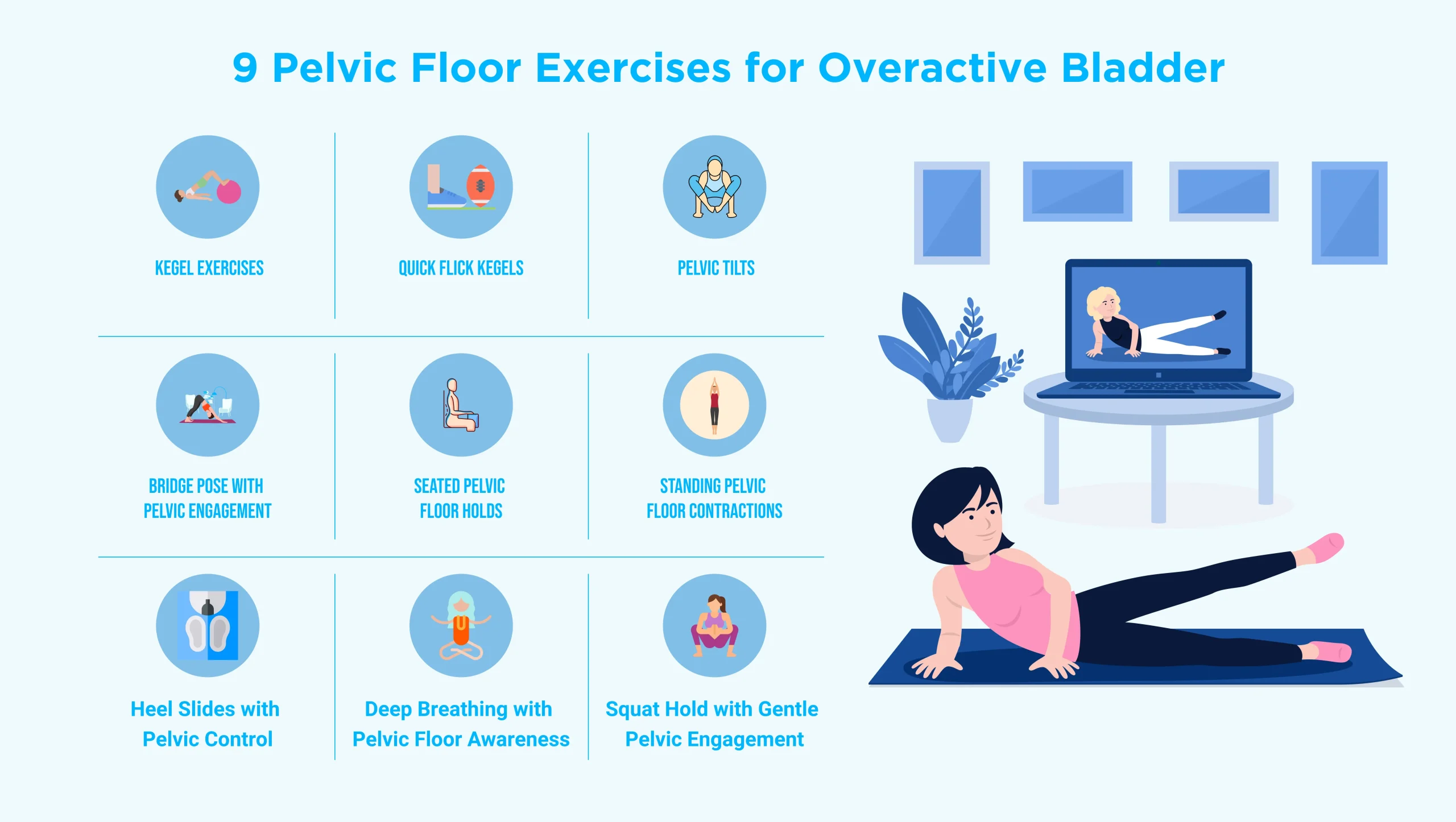 Infographic of 9 pelvic floor exercises for overactive bladder including Kegels, pelvic tilts, bridge pose, and squat holds