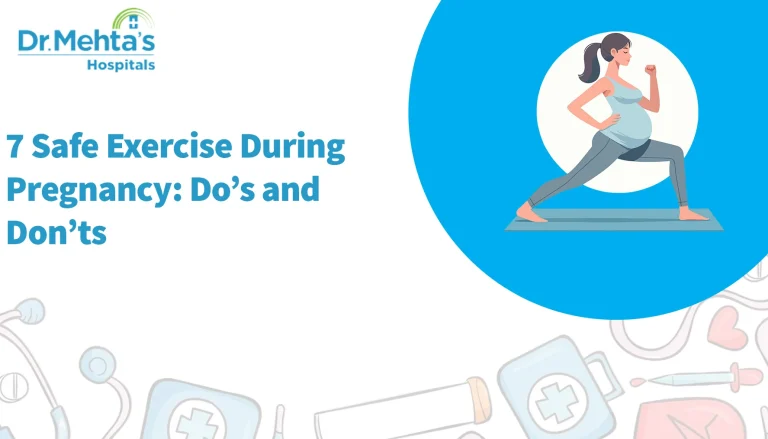 Illustration showing 7 safe exercises during pregnancy including walking, swimming, prenatal yoga, cycling, pelvic floor exercises, stretching, and low-impact aerobics