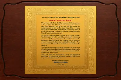 Dr. Gowtham Received Appreciation Plaque from a Grateful Patient
