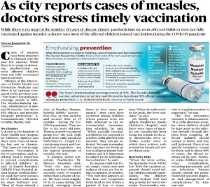 Newspaper article on measles cases and the importance of timely vaccination.