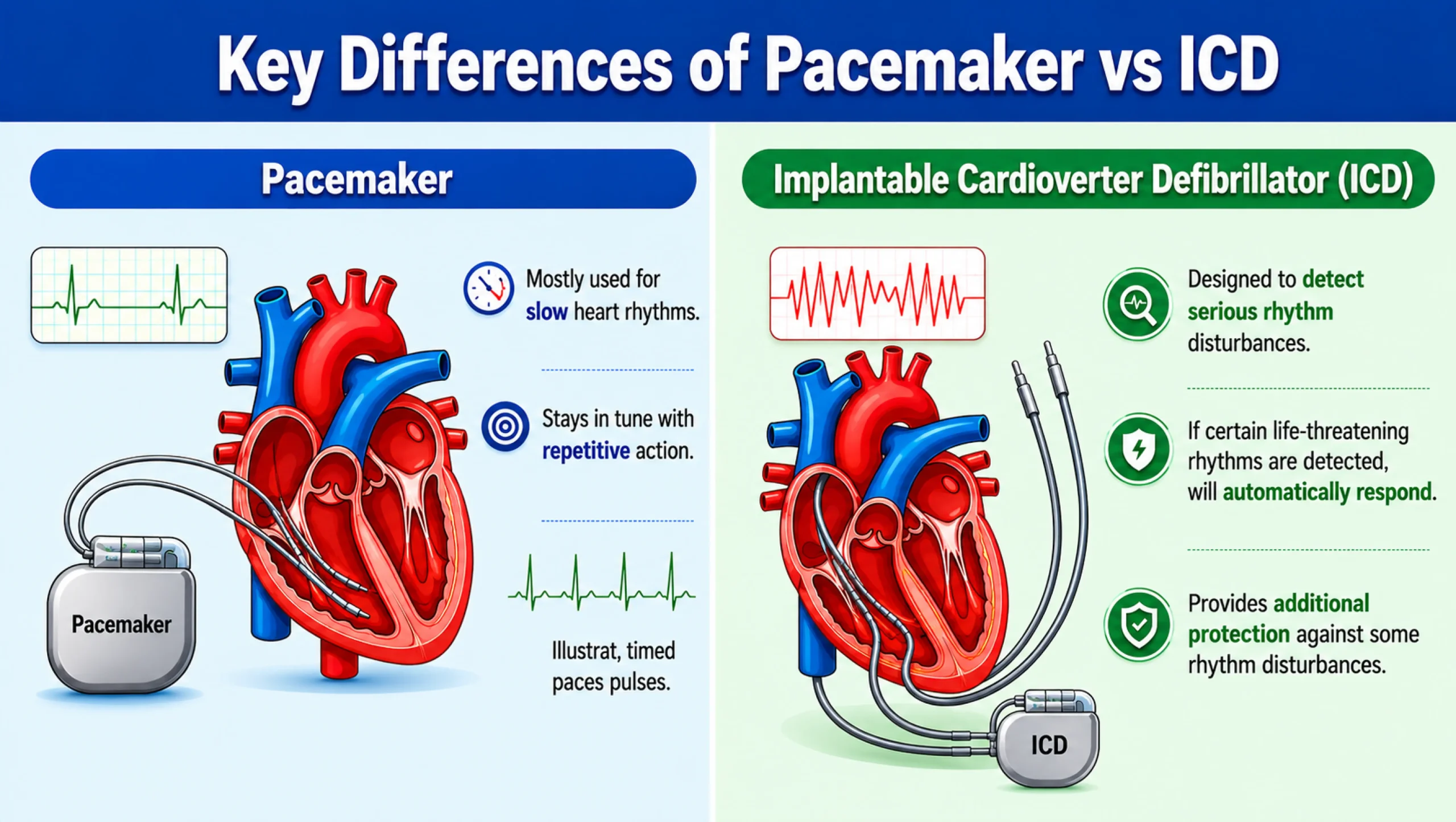 Key differences of Pacemaker and ICD