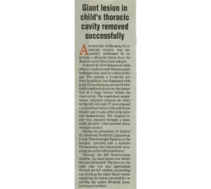 The New Indian Express article on successful chest lesion removal at Dr. Mehta's Hospitals.