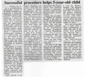 Deccan Chronicle article on successful minimally invasive chest tumour surgery at Dr. Mehta's Hospitals.