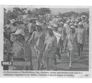Deccan Chronicle coverage of Dr. Mehta's Hospitals' World Kidney Day Walkathon in Chennai.