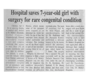 Dr. Mehta's Hospitals Successfully Treats 7-Year-Old Girl with Rare Congenital Condition