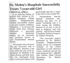 Afternoon article on successful treatment of a rare congenital condition at Dr. Mehta's Hospitals.