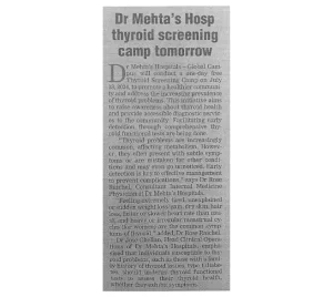 Dr. Mehta's Hospitals Conducts Free Thyroid Screening Camp - New paper coverage
