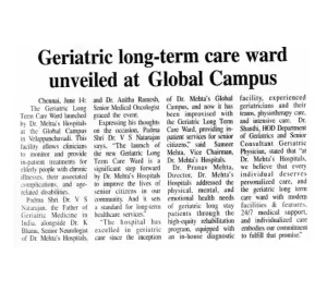 Trinity Mirror coverage of the Geriatric Long-Term Care Ward inauguration at Dr. Mehta's Hospitals.