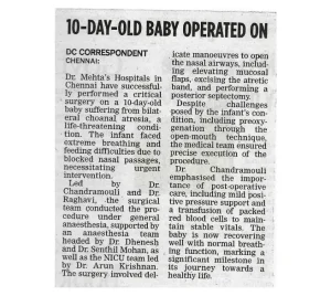 Deccan Chronicle article on life-saving surgery for a newborn with blocked airways at Dr. Mehta's Hospitals.