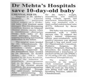 Deccan Chronicle article on life-saving airway surgery for a 10-day-old baby at Dr. Mehta's Hospitals.