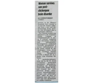 Deccan Chronicle article on successful treatment of a rare post-chickenpox brain disorder at Dr. Mehta's Hospitals.