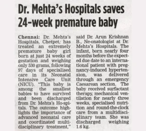 Deccan Chronicle coverage of Dr. Mehta's Hospitals successfully treating a 24-week premature baby weighing 530 grams.