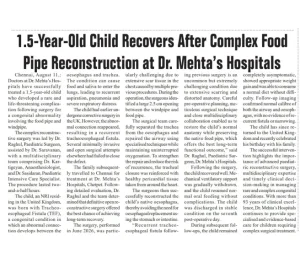 1.5-Year-Old Child Recovers After Complex Food Pipe Reconstruction