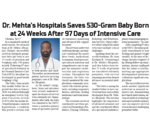 Virtual Times coverage of Dr. Mehta's Hospitals successfully treating a 24-week premature baby weighing 530 grams.